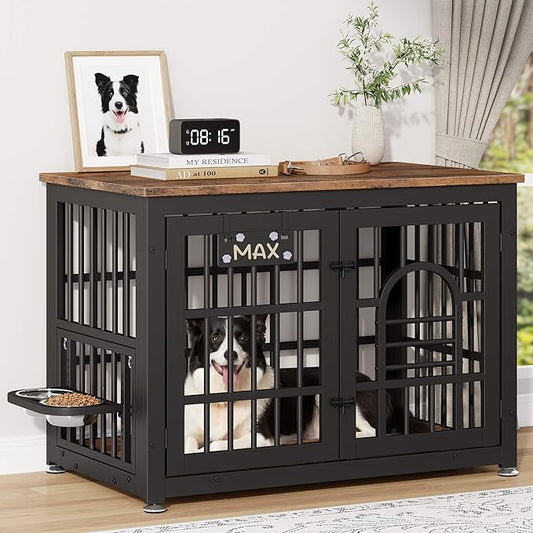 Dog Crate Furniture with Name Tag, Dog Kennel Indoor with 360° Rotating Feeder and Adjustable Heights Bowls, Wooden Decorative Pet Cage End Table for Small Medium Dogs, Rustic Brown 37.8" L