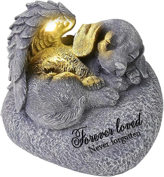 Pet Memorial Gifts for Dogs,Hand-Sculpted Resin Pet Loss Sympathy Gift with LED Light, Pet Angel Sleeping Dog Memorial Stone Statue Pet Headstone Grave Markes for Loss Dog Sympathy Gift