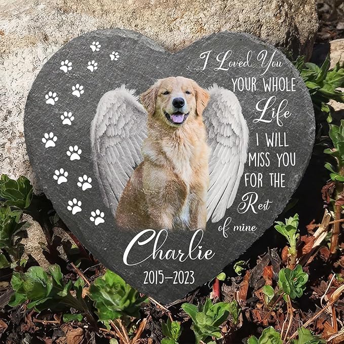 Wrappiness Pet Memorial Stone - We Loved You Your Whole Life, Personalized Dog Memorial Gifts, Remembrance Condolences Bereavement Gifts for Loss of Pet Custom Photo (Heart 06, Stone with Stand)