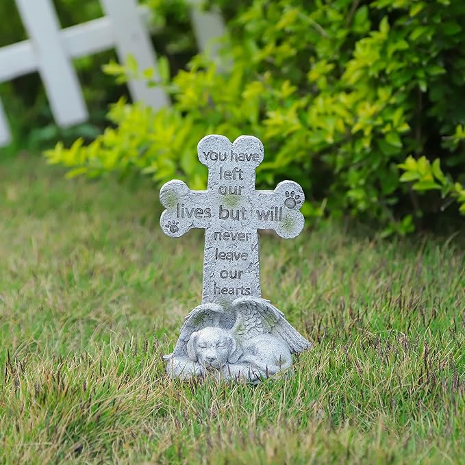 Memorial Statue - Sleeping Dog Angel Cross Tombstone, Grave Marker for Deceased Pet, Loss of Dog Memorial Sympathy Gift - Polyresin, Stone Finish, 8.27 Inch