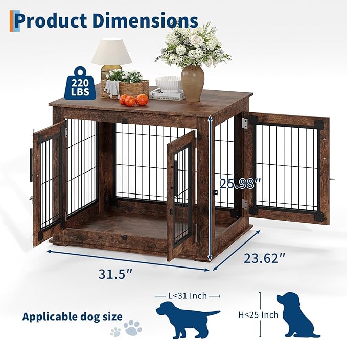 Double-Door Pet Crate Furniture, 31 Inch Indoor Dog House, Heavy Duty Wooden Kennel Side Table with Rustic Brown Finish, Chew-Resistant Dog Cage for Small Medium Dogs, Decorative End Table for Bedroom