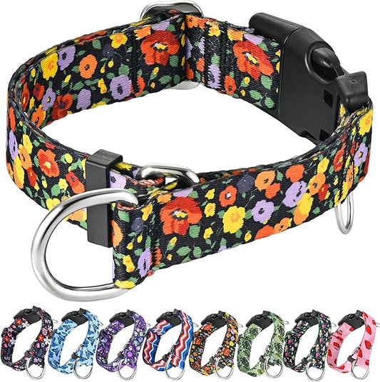 Martingale Collar with Buckle Adjustable Nylon Training No Pull Dog Collars for Large Dogs (Orange Floral, Large)