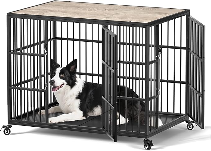 VERIFURTY 42 Inch Heavy Duty Dog Crate Furniture with Self-Locking Latch for Medium and Large Dogs, Escape-Proof Dog Kennel Furniture Indoor, Decorative Pet Cage End Table, Grey