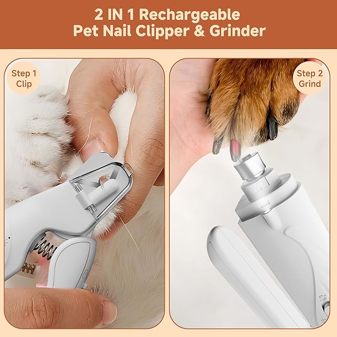 2-in-1 Dog Nail Clippers with Lights 2 LED & Dog Nail Grinder Quiet, Dog Nail Trimmers, USB Rechargeable and Splash Guard, Pet Nail Grinder for Small, Medium, and Large Dogs & Cats
