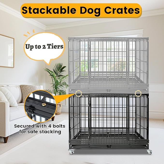 4-Pack Heavy Duty Indestructible Dog Crate 47 Inch with Removable Tray, Escape Proof Metal Dog Cage Kennel Indoor with Top Door & Auto-Locks, Stackable Big Dog Crate for High Anxiety Large Dogs, XL