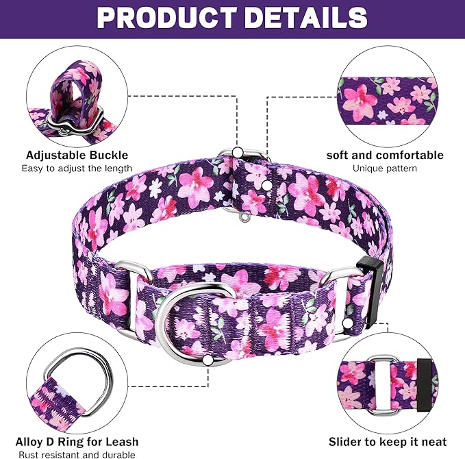 Hikiko Martingale Collar for Dogs with No Buckle Purple Floral Female Dog Collar Cute Girl Dog Collars for Small Dogs,Japanese Purple,S