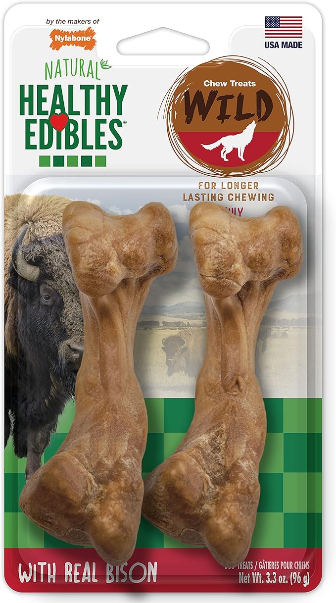 Nylabone Healthy Edibles WILD Natural Dog Chews, Long Lasting Bones for Dogs, Bison Flavor Dog Treats, Medium (2 Count)