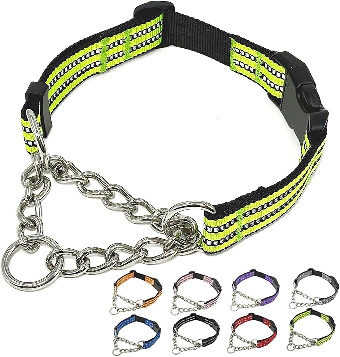 Martingale Dog Collars, Reflective Nylon Collar with Stainless Steel Chain, Adjustable Walking Training Dog Collars with Quick Release Buckle, Suitable for Small Medium Large Dogs(Green,S)