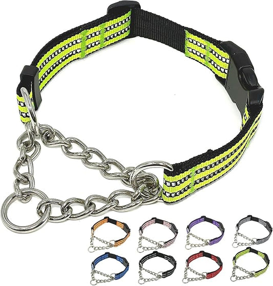 Martingale Dog Collars, Reflective Nylon Collar with Stainless Steel Chain, Adjustable Walking Training Dog Collars with Quick Release Buckle, Suitable for Small Medium Large Dogs(Green,M)