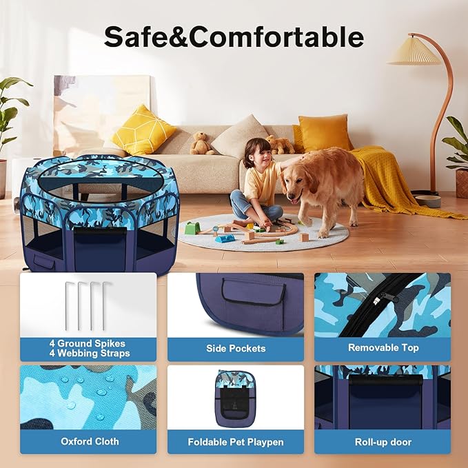Dog Playpen, Pet Playpen, Portable Cat Playpen, Foldable Puppy Playpen Exercise Kennel Tent with Carry Case Collapsible Bowl,Water-Resistant Shade Cover for Indoor Outdoor Travel （Bule,Medium