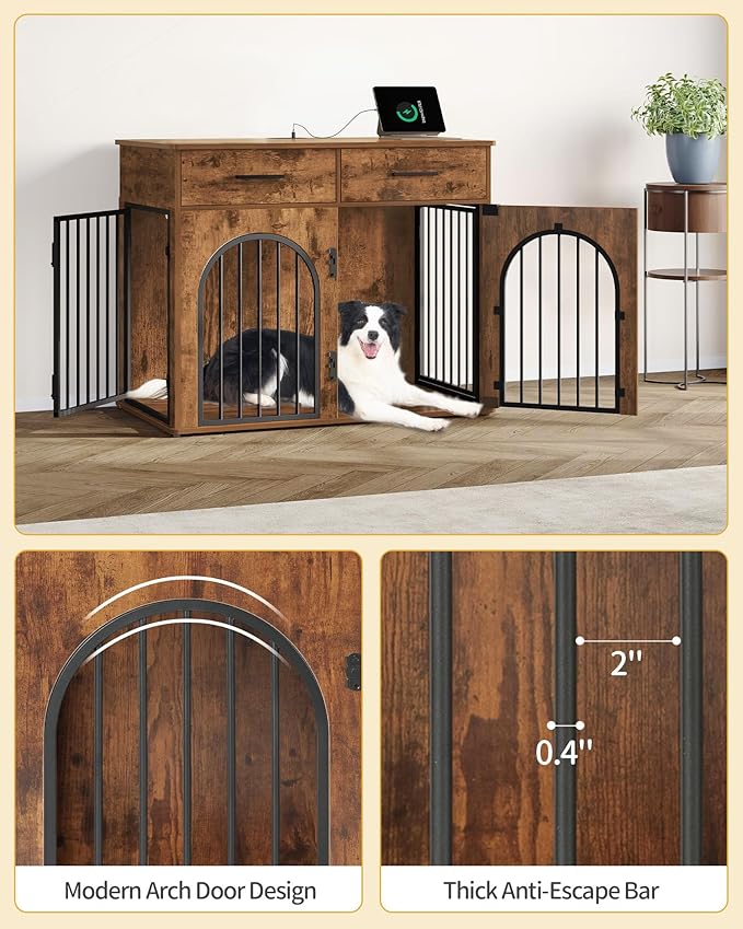 39.4'' Dog Crate Furniture with 2 Drawers, Indoor Dog Kennel with Charging Station, Wooden Dog Cage Side End Table Kennel for Medium/Large Dogs, Rustic Brown DFC84201B