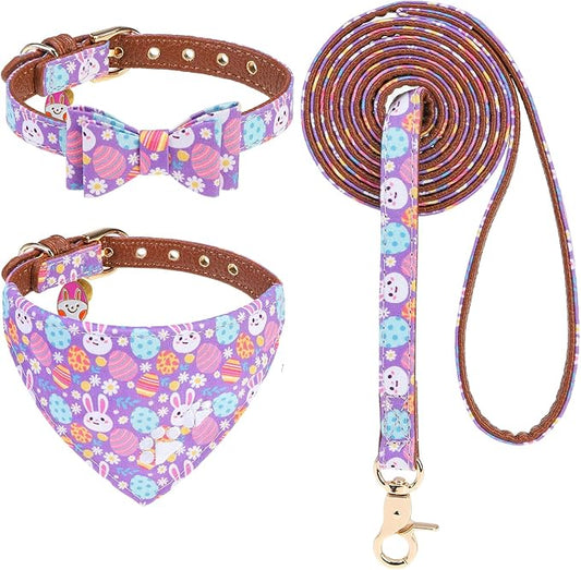 EXPAWLORER Easter Dog Collar and Leash Set - Egg Bunny Pattern Bow Tie & Bandana Embroidery Holiday Pet Collars with Bell, Soft Tangle Free Leash for Dogs Cats Outdoor Walking, Small