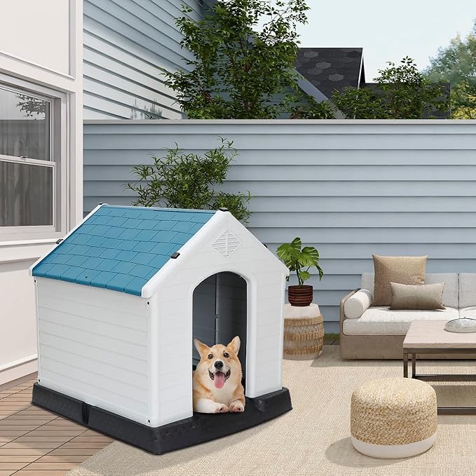 Large Plastic Dog House Indoor Outdoor Durable Ventilate Doghouse for Small Medium Large Dogs Insulated Puppy Shelter w/Air Vents Elevated Floor Waterproof Blue