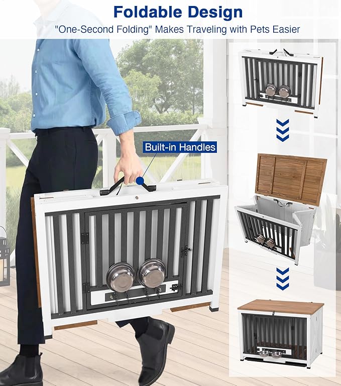 Dog Crate Furniture, Foldable Wooden Dog Kennel Furniture with 360° Rotating Feeding Bowls, Iron Frame Dog Crate with Deepened Sliding Tray, 33" L - White Brown