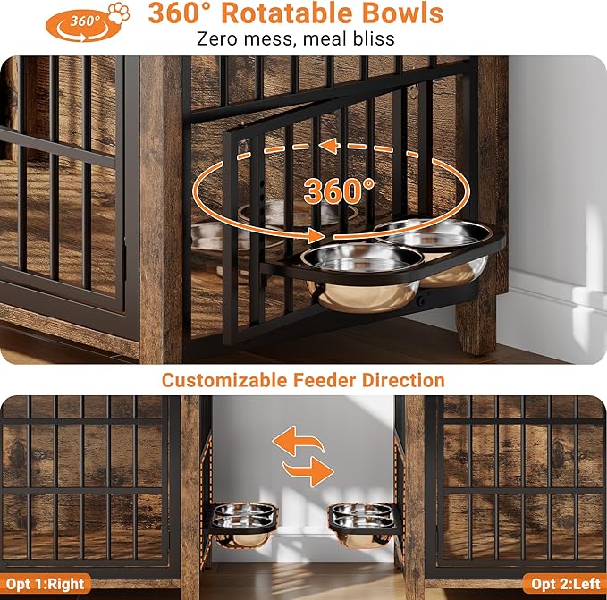 37.7" Dog Crate Furniture, Wooden Dog Kennel Indoor with 360° Rotating Feeder and 2 Adjustable Bowls, Decorative Side End Table Dog Cage for Medium Dogs, Rustic Brown
