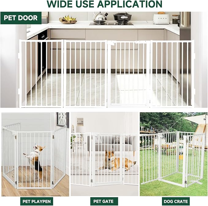 Snagle Paw Metal Freestanding Dog Gate with Door,80” W x 36” H Dog Fence with Support Feet for Doorways, Stairs and Hallways, Portable Pet Gate for Indoor Use (4 Panel, White)