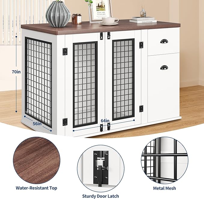 Dog Crate Furniture, Pet Kennel for Small to Medium Dogs, White Wooden Pet House with Drawers and Side Cabinets, Multi-Functional Dog Cage for Indoor Use