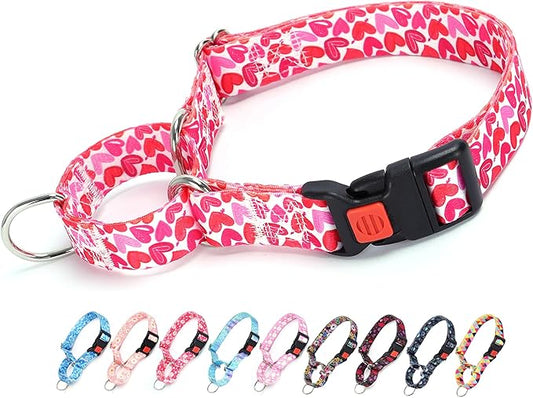 Martingale Collar for Dogs, Pink Heart Dog Collar for Small Medium Large Dogs, Girl Dog Collars with Quick-Release Buckle for Training, Walking, Hunting (L)