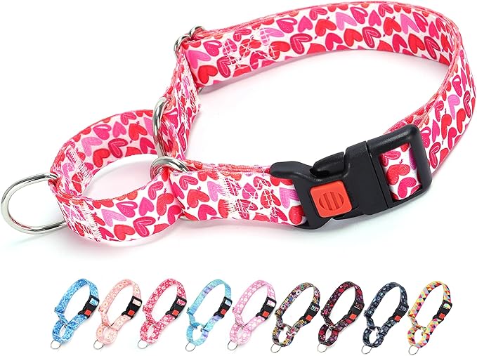 Martingale Collar for Dogs, Pink Heart Dog Collar for Small Medium Large Dogs, Girl Dog Collars with Quick-Release Buckle for Training, Walking, Hunting (M)