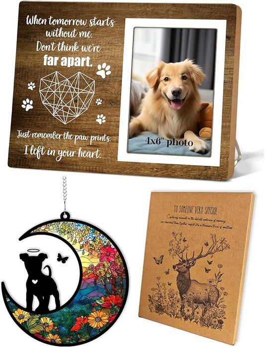 Memorial Picture Fram&Dog Memorial Suncatcher Gift Set, Pet Picture Frame, Sympathy Gifts for Loss of Loved Pet, Bereavement Gifts for Loss of Dog, Remembrance Photo Frame or Memorial Gift, Fits 4x6In Photo(GXK03)