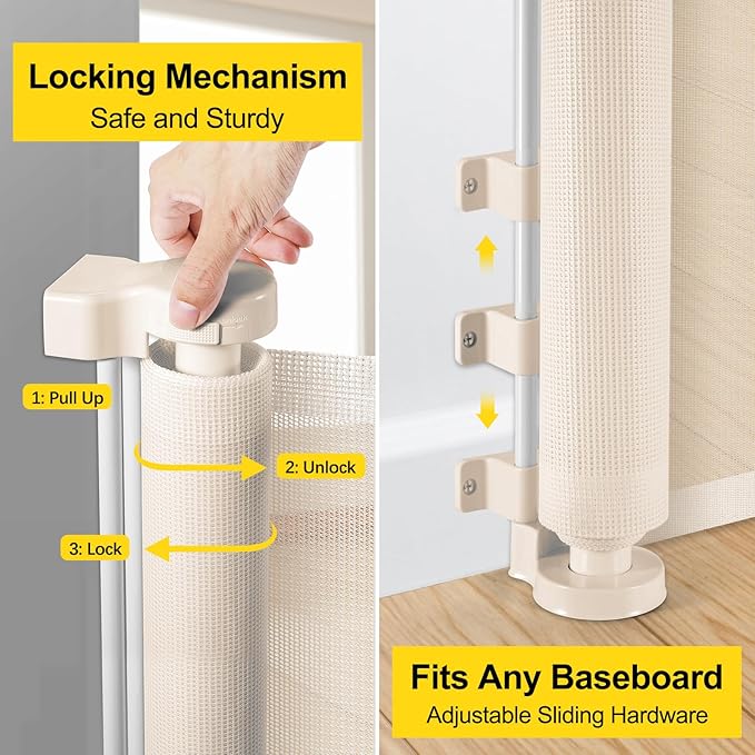 195 Inch Extra Wide Retractable Baby Gate for Large Openings, 33" Tall Extra Long Dog Gate for Doorway and Stairs Indoor Outdoor Retractable Pet Gate Long Mesh Child Gates for Kids or Pets, Beige