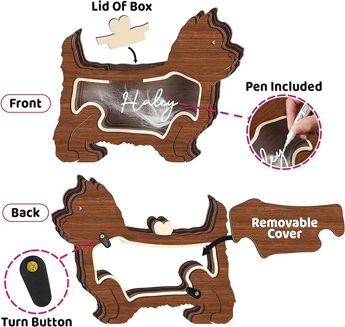 9" Yorkshire Terrier Dog Hair Keepsake Box, Wooden Pet Urns for Dogs, DIY Pet Loss Sympathy Gifts, Unique Gift Dog Shape Standable Table Decor, Idea Gift for Pet Lover Storing Fur Teeth Ashes PS16-31L