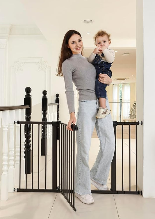 29"-57" Baby and Pet Safety Gate, 30" Tall Metal Walk-Thru Gate for Doorways & Stairs, Easy One-Hand Open, Dual Lock, Extensions & Wall Mounts Included (Brown, 29"-54" W x 30.5“H)