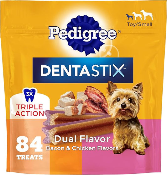 Pedigree Dentastix Dental Chews for Dogs, Small and Toy Breed Dog Treats, Bacon & Chicken Flavor, 17.78 oz. Bag (84 Treats Total)