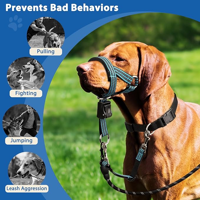 BARKLESS No Pull Dog Head Collar for Gentle Training Walking, Soft Padded Head Halter with Collar Safety Clip, Comfortable Fit Muzzle Leash with Reflective Strap for Medium Large Dog (Blue, XL)