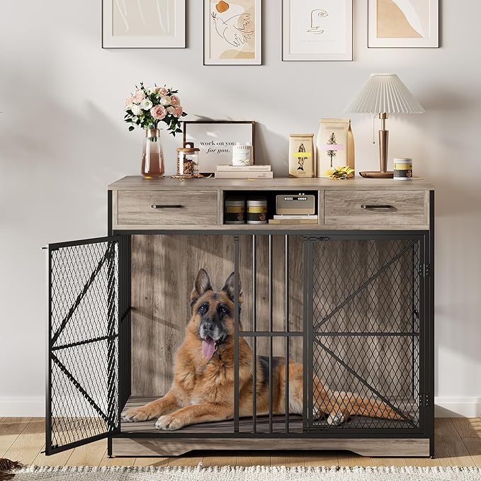 Dog Crate Furniture with Drawers, 44 Inch Heavy Duty Indoor Dog Kennel, Wooden Pet Crate End Table with Double Doors, Storage Compartment for Small Medium Large Dogs, Vintage Brown and Black