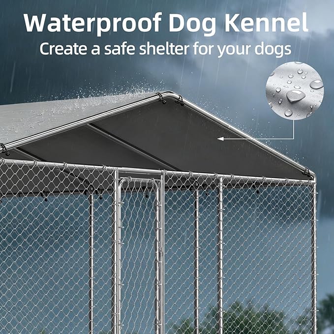 8.3x8.3 ft Outdoor Dog Kennel Outside with Waterproof UV-Resistant Cover, Heavy Duty Dog Enclosure House with Steel Fence and Secure Lock for Dogs