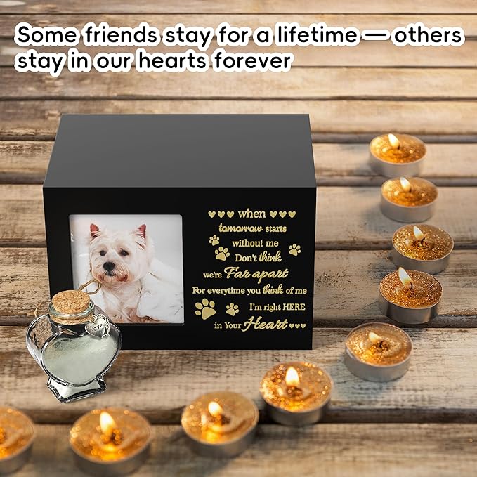 Pet Memorial Urn with Photo Frame, 110 Cubic Inches Wooden Pet Cremation Urn for Dogs & Cats, Sympathy Gift Set with Angel Figurine, Fur Keepsake Bottle & Ashes Bag