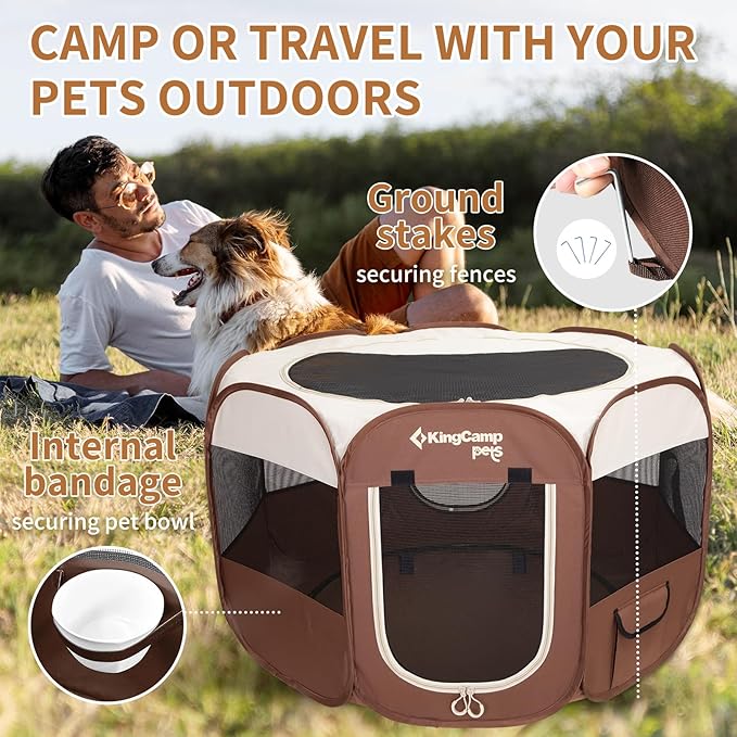 KingCamp Dog Playpen, Portable Foldable Cat Kitten Puppy Tent Crates 29"/36"/50" Pop Up Pet Playpen with Zippered Bottom & Cover for Indoor Outdoor Use (Small, Khaki)