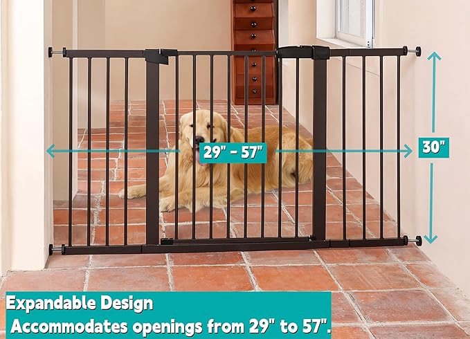 29"-57" Baby and Pet Safety Gate, 30" Tall Metal Walk-Thru Gate for Doorways & Stairs, Easy One-Hand Open, Dual Lock, Extensions & Wall Mounts Included (Black, 29"-57" W x 30.5“H)