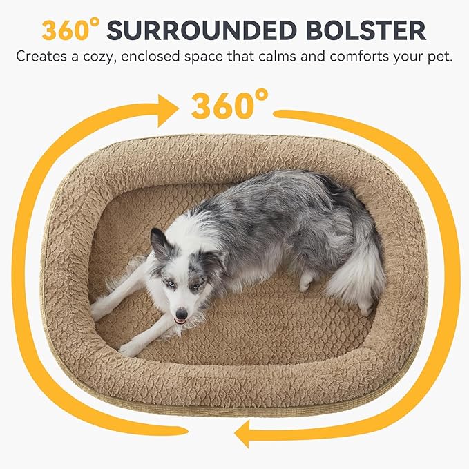 JOEJOY Orthopedic Dog Beds Large Sized Dog, Egg-Crate Memory Foam Pet Couch Bed with Bolster Sides, Waterproof Lining, Removable Washable Cover & Non-Slip Bottom, Light Brown