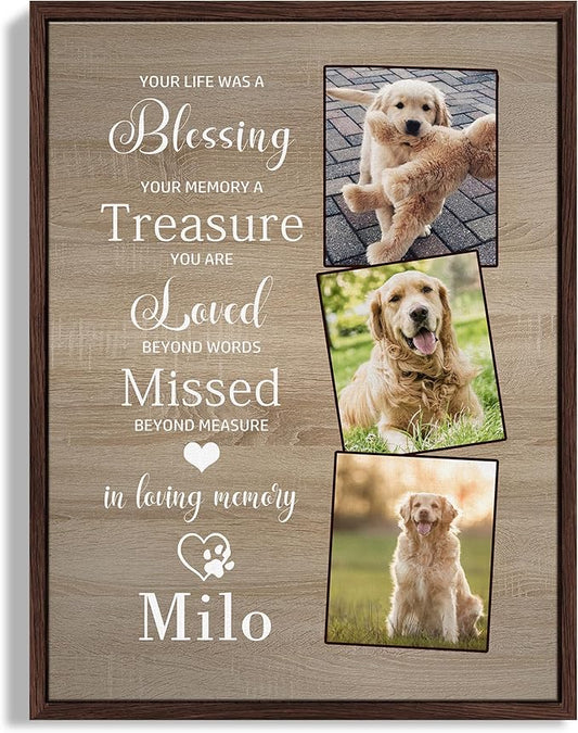 Custom Dog Memorial Gifts, Dog Memorial Canvas Framed with Photo, Personalized Paw Prints with Name and Text, Dog Loss Sympathy Ornament Gift for Dog Cat Lover Owners