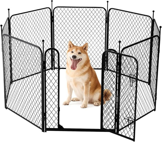 Paw Safe Dog Playpen for Indoor, 32 Inch 8 Panels Anti-pinch Diamond Mesh Dog Fence for Small Medium Dogs, Metal Stable Dog Play Pen with Door, Portable Pet Playpen for Outdoor RV Camping Yard