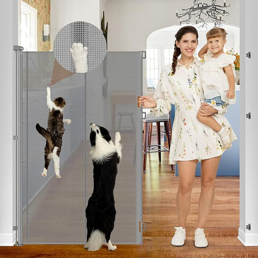 Reinforced 55" Extra Tall Dog Gates Indoor Cat Gate for Hallway - Prevents Jumping & Crawling Through, 55" Wide Retractable Gate, Mesh Pet Gates for Doorways Extra Tall Baby Gate for Cats, Gray