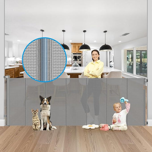 Reinforced 42" Extra Tall X 120" Extra Wide Retractable Dog Gate for Doorways Wide Pet Gate Indoor Prevent Kid/Pet Jumping Over Tall Retractable Baby Gates for Dogs Outdoor Dog Gates for Doorways,Gray
