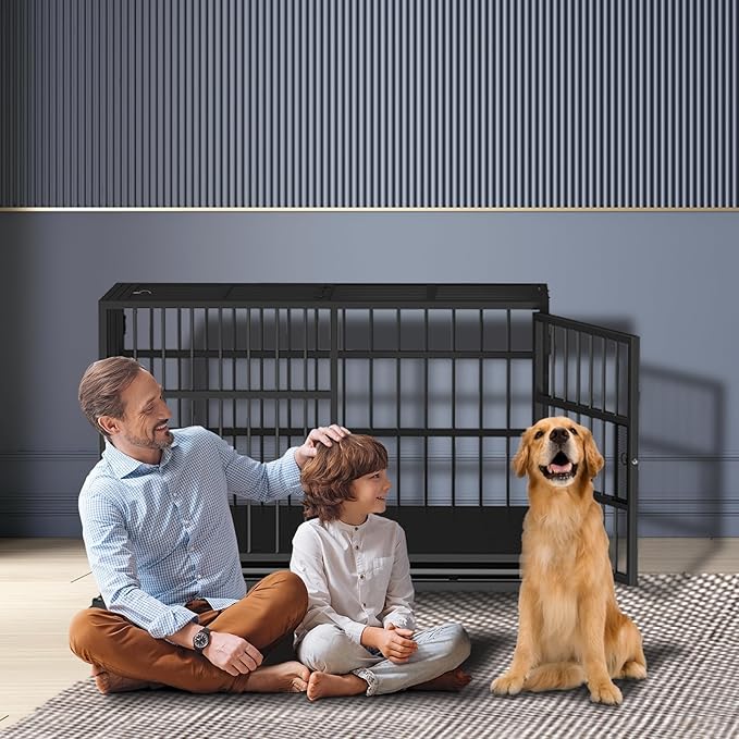 48Inch Heavy Duty Dog Crate, Rust Resistant Folding Metal XXXL Widened Base Dog Kennel, Upgraded Latch, Removable Tray, and Wheels with Brakes, Suitable for Medium to Extra-Large Dog