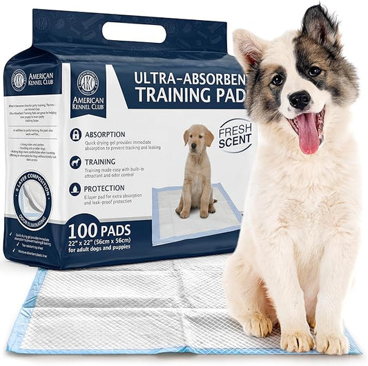 American Kennel Club Scented Puppy Training Pads with Ultra Absorbent Quick Dry Gel – 22 x 22 Pee Pads for Dogs - Fresh Scented - Pack of 100