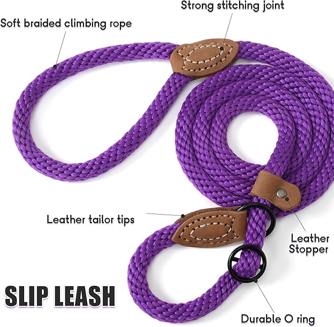 Mile High Life Slip Leads for Dogs | Heavy Duty Dog Training Leash | 6 Feet No Pull Slip Leashes w Leather Tip | Purple Rope Lead for Dogs Outside