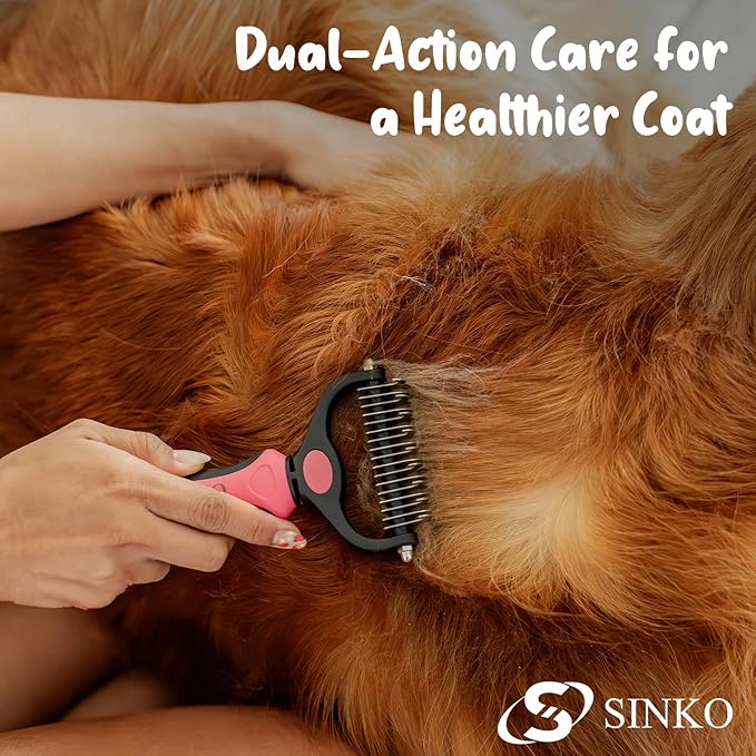 Sinko Deshedding Dog and Cat Brush, Dematting Comb with Extra Wide Double-Sided Stainless Teeth for Detangling, Deshedding, Brushing & Removing Shed Fur, Knots, Mats, and Tangles in Pets (Pink)