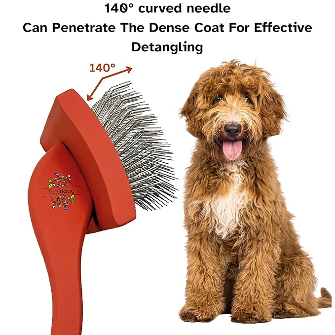 Professional Grooming Large Slicker Brush for Dematting Goldendoodles, Labradoodles, Poodles - Long Stainless Steel Pins for Thick Coats, Red - [TaiQiang]