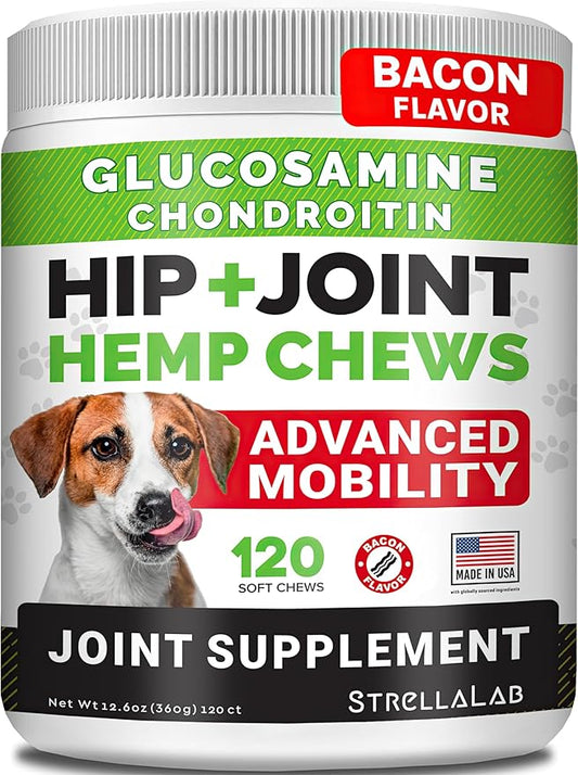 STRELLALAB Hemp Chews for Dogs - Hip & Joint Supplement with Glucosamine - Joint Pain Relief Treats - Omega 3, Chondroitin, MSM - Advanced Mobility Support - Bacon Flavor - 120 Ct - Made in USA