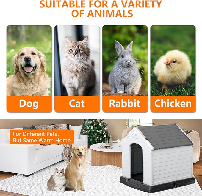 Large Plastic Dog House Indoor Outdoor Doghouse Dog Kennel Easy to Assemble Puppy Shelter with Air Vents Elevated Floor Waterproof (Grey, 28inch)