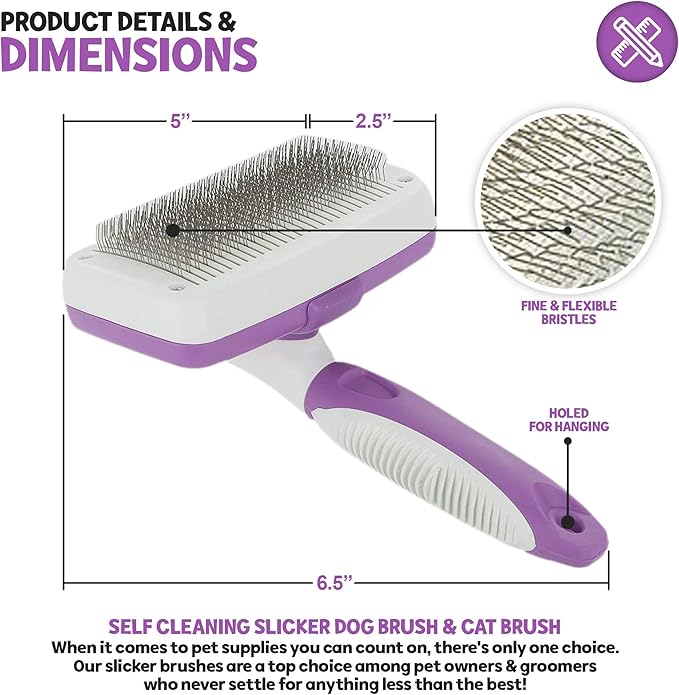 POODLIE Dog Grooming Brush, Self Cleaning Slicker Brush for Dogs and Cats - Removes Tangles, Loose Hair - Poodles, Pomeranians, Yorkies, Soft Pins - Purple