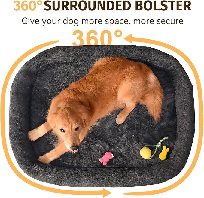 Orthopedic Washable Large Dog Bed: Waterptoof Dog Bed with Bolsters - Removable Cover Orthopedic for Large Sized Pet- Non-Slip, Dark Grey, 48" L x 35" W x 7.5" Th