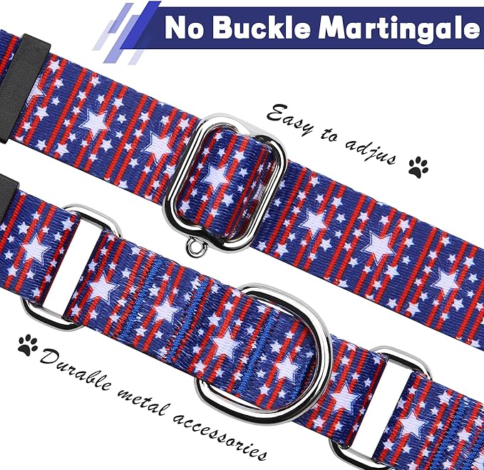 Hikiko American Flag Martingale Collar with No Buckle Soft Nylon Dog Collar for Small Dogs,Blue Star Stripe,S