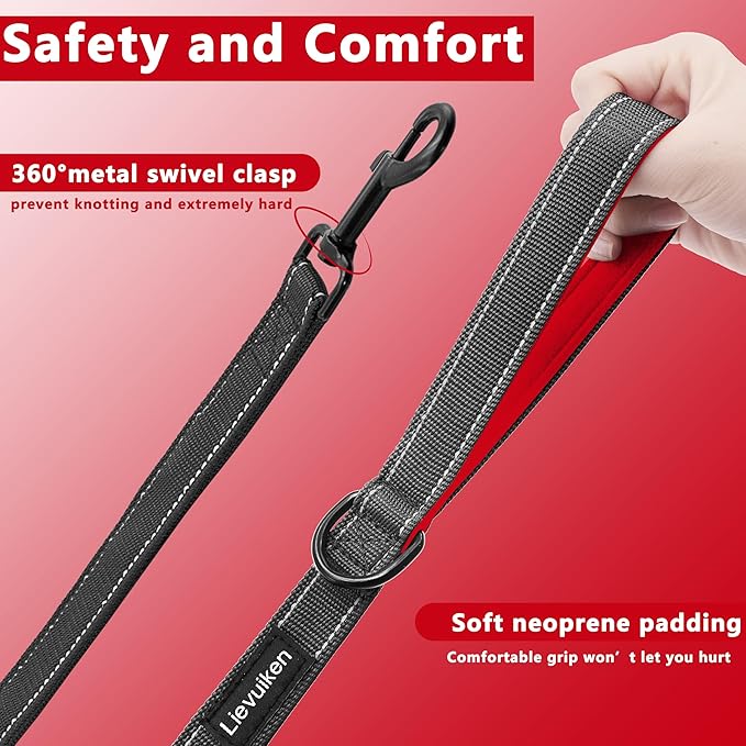 Dog Leash 4ft Long, Double Handle Dog Leash for Safety Control Training, Heavy Duty Dogs Leads with Traffic Padded Handles, Reflective Leashes for Small Medium Large Dogs(4ft, Black Red)